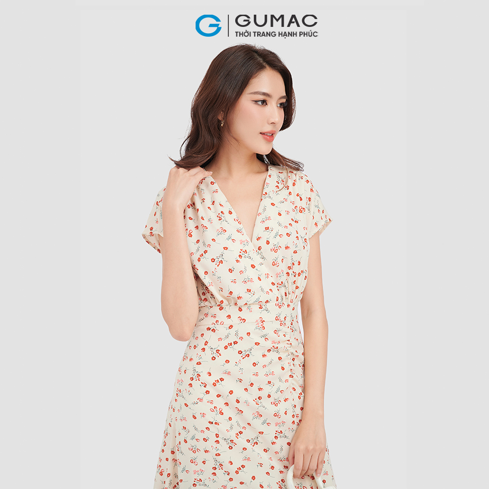 Đầm kiểu đắp chéo GUMAC DC09091 vải lụa họa tiết hoa nữ tính