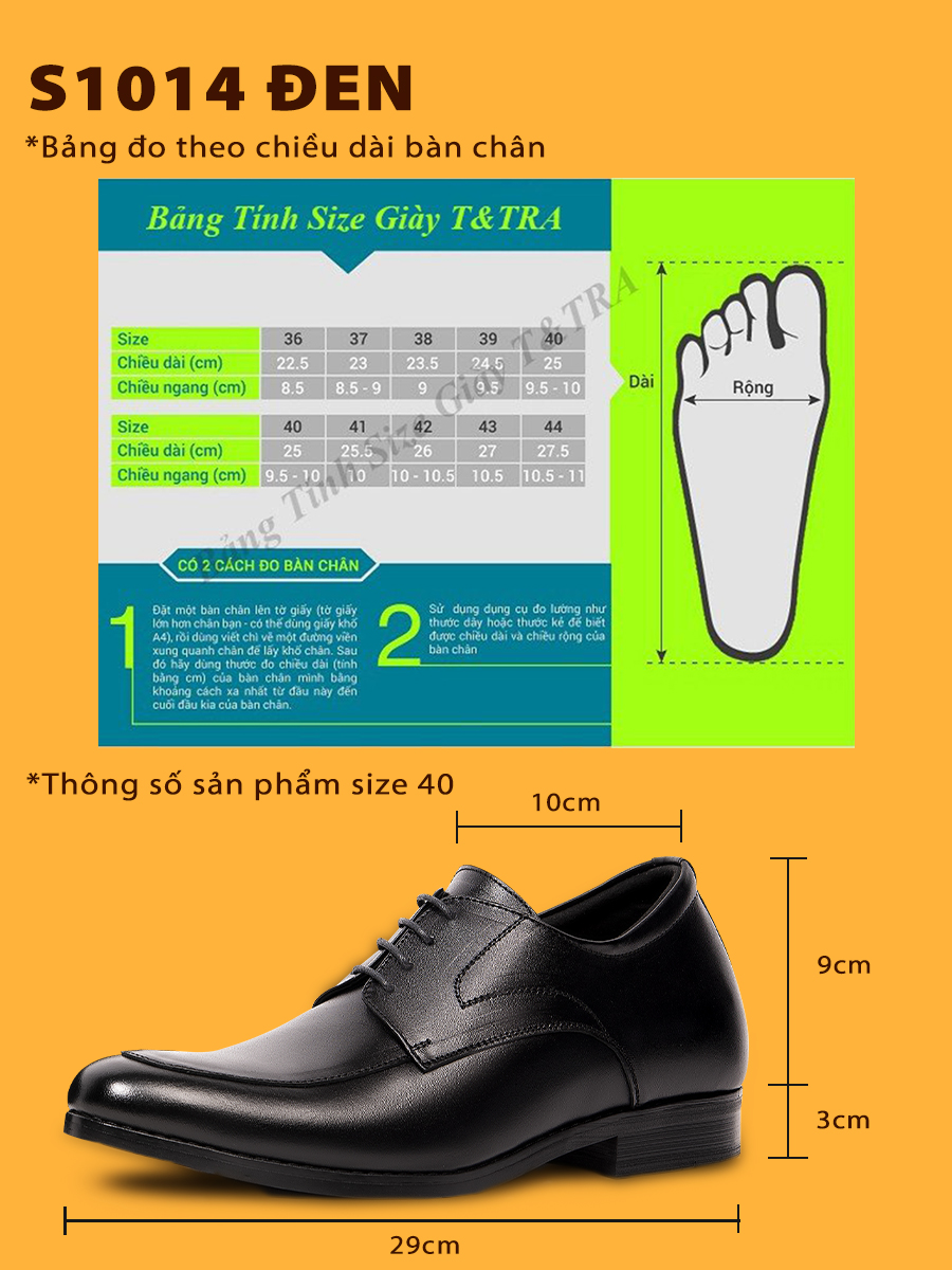 Giày Tăng Chiều Cao Nam T&TRA Tăng Cao 6Cm- S1014 Đen- Chất Liệu Da Bò Cao Cấp, Đế Cao Su Ghép- Đế Pháp, Phần Tăng Cao Ẩn Bên Trong