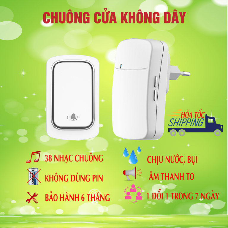 Chuông cửa không dây không dùng pin, ngoài trời chịu được nước,  âm thanh to 3 mức, 38 nhạc chuông