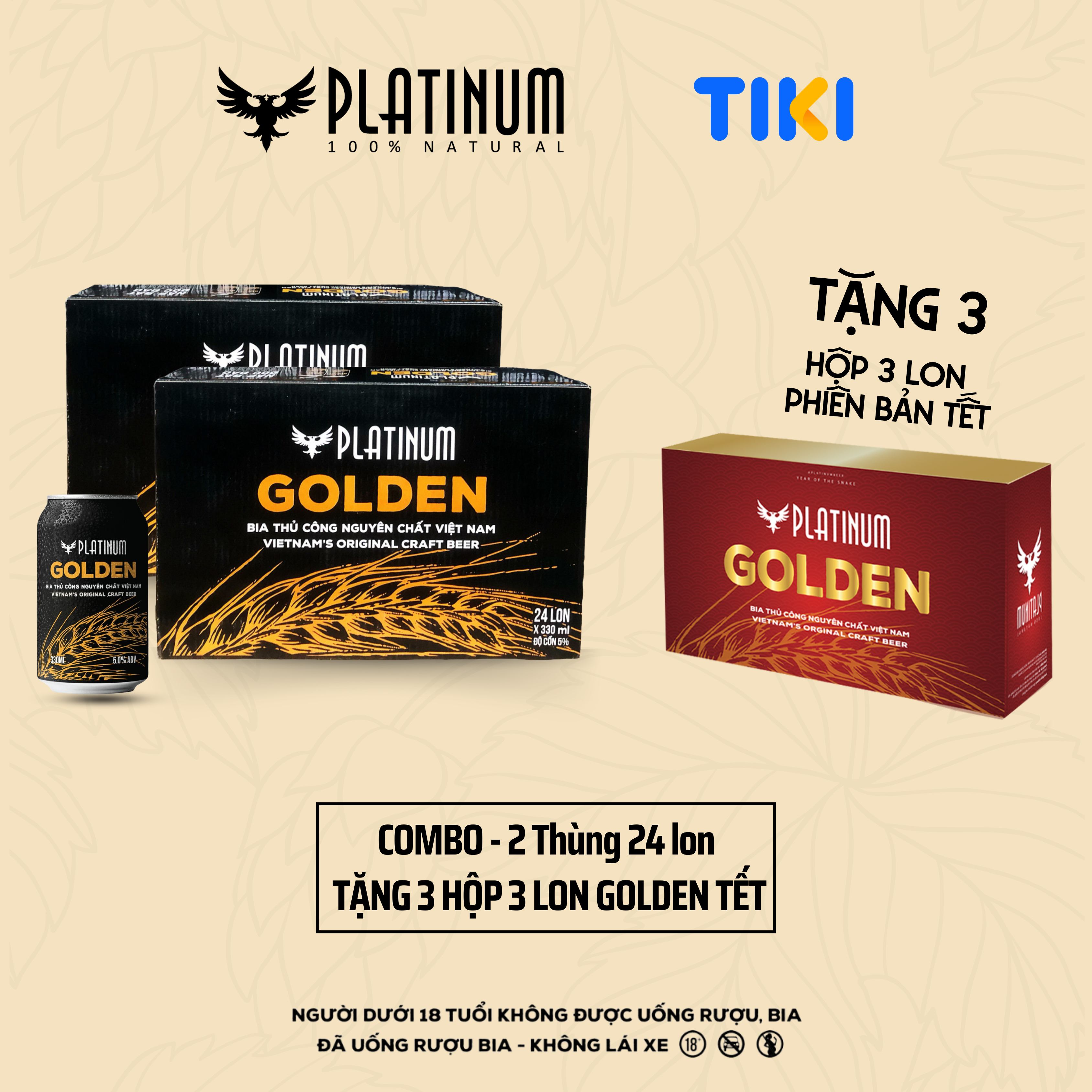 [TẶNG 3 HỘP 3 LON GOLDEN] Combo 2 Thùng 24 Lon Bia Thủ Công Platinum Golden Ale Lon 330ml 5% Chính Hãng Tặng 3 Hộp 3 Lon Golden Phiên Bản Đặc Biệt