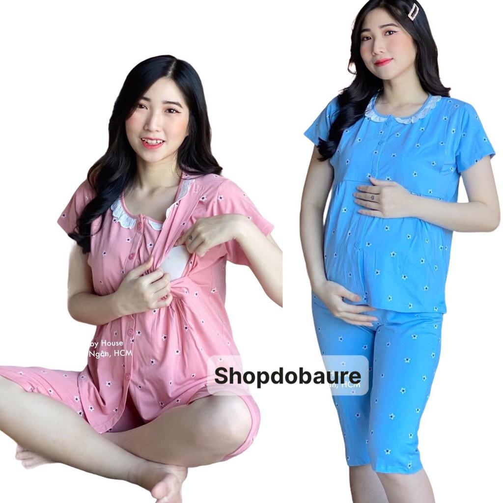 Bộ bầu và sau sinh quần lửng áo cộc tay chất cotton thấm hút mồ hôi