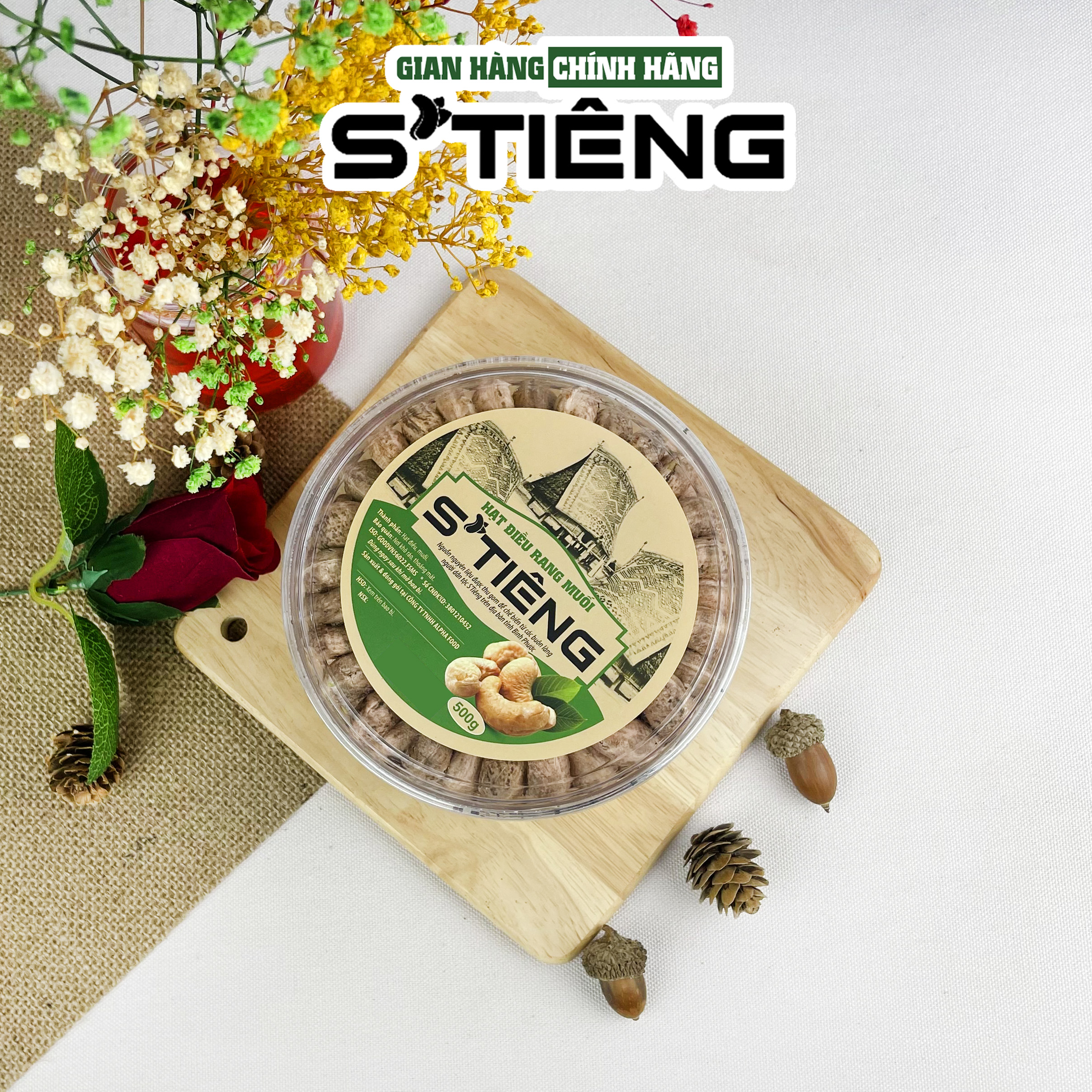 500Gr Hạt Điều Rang Muối STIÊNG Nguyên Hạt Loại 1 A+ Hộp Tròn Xếp Hoa