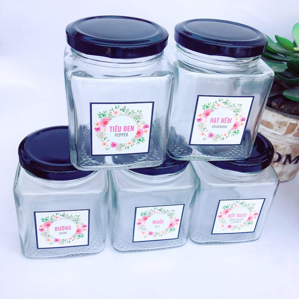 Bộ hũ đựng gia vị thủy tinh 05 hũ mỗi hũ 280ml Tặng bộ nhãn dán gia vị The Kaffeine