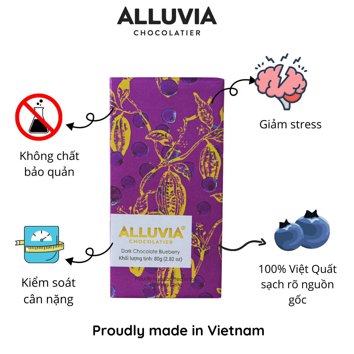 Socola Đen Việt Quất Thanh Lớn 80 gram, Nguyên Chất, Đắng Vừa | Dark Chocolate Blueberry Alluvia