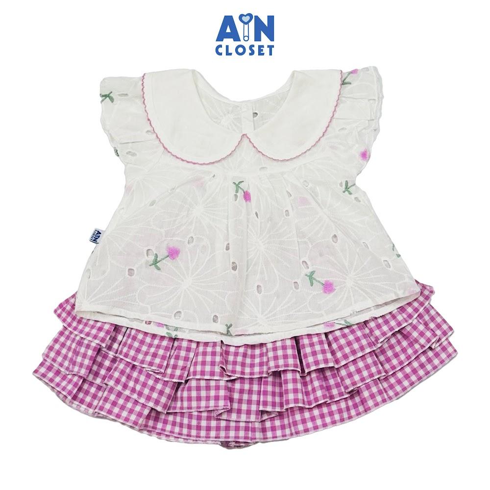 Bộ quần áo Ngắn bé gái họa tiết Caro Hoa Tím Cotton - AICDBGVJPB9U - AIN Closet