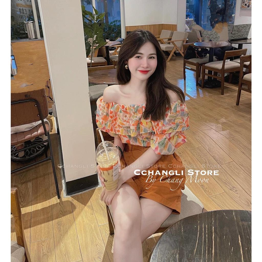 SET BỘ ĐI CHƠI, SET 2 MÓN ÁO HOA CAM RỚT VAI PHỐI QUẦN ĐÙI CỰC CUTE