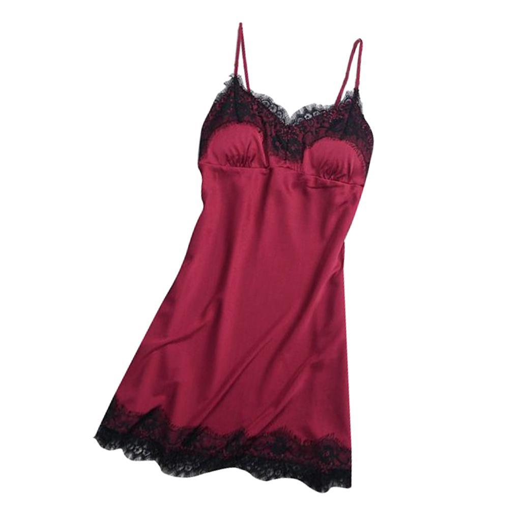 2x Ladies V-Neck Pajama Sleeveless Black Lace Trim Lingerie Sleepwear Dress