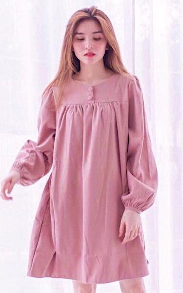 Đầm mila hồng suông nút bọc