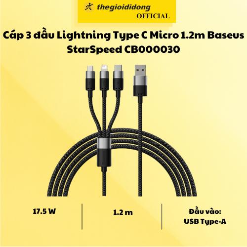 Cáp 3 đầu Lightnning Type C Micro 1.2m Baseus StarSpeed CB000030 - Hàng Chính Hãng - Hàng Chính Hãng