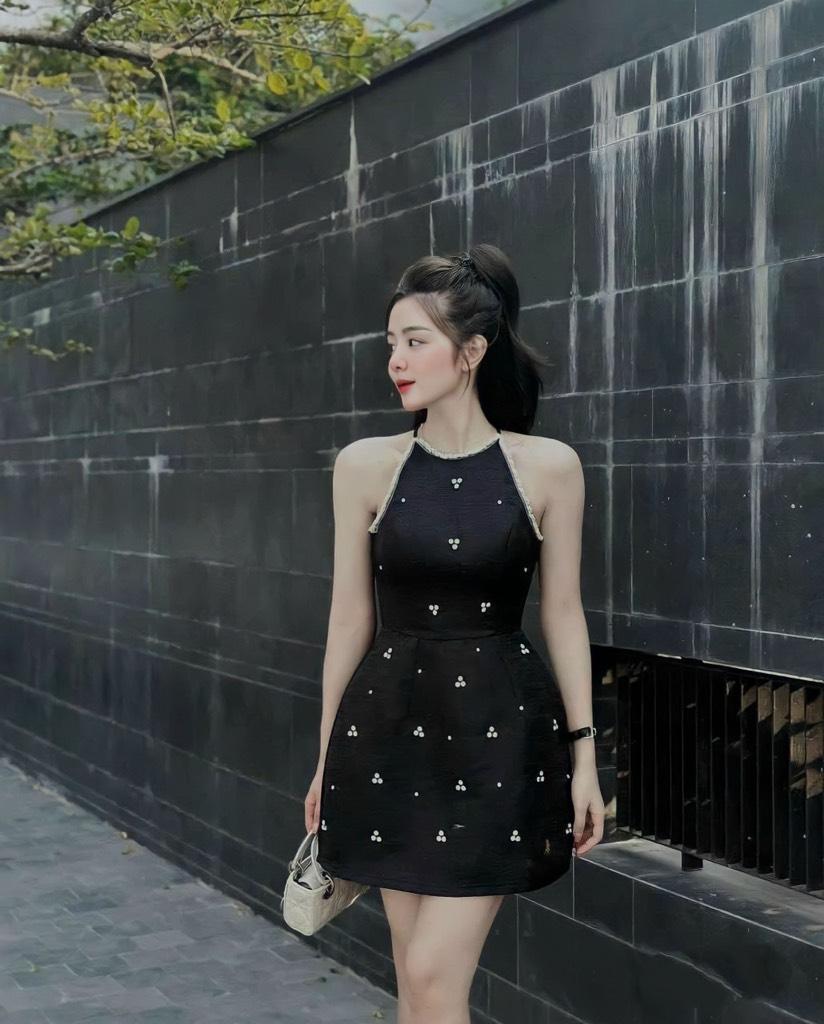 Đầm xòe dự tiệc cổ yếm viền chuỗi đính đá