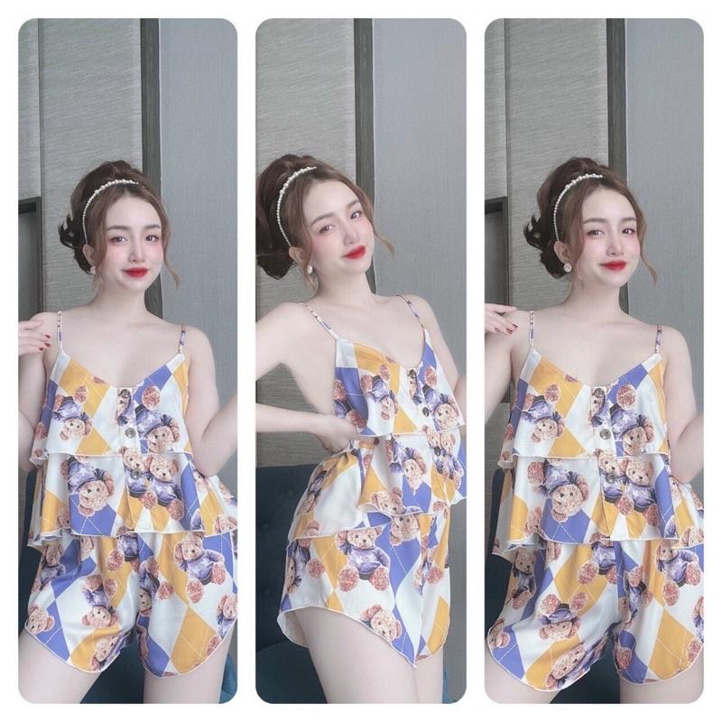 Đồ ngủ lụa latin 2 dây áo nút quần đùi hoạ tiết freesize 42-57kg