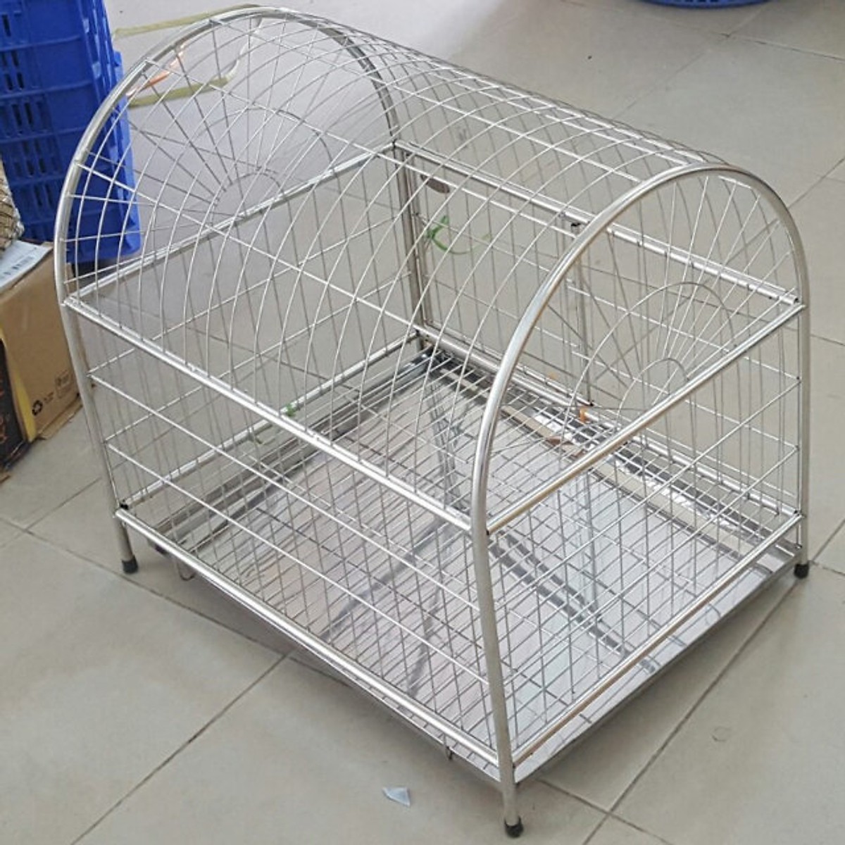 Chuồng chó mèo inox mái vòm cỡ đại - kèm khay hứng