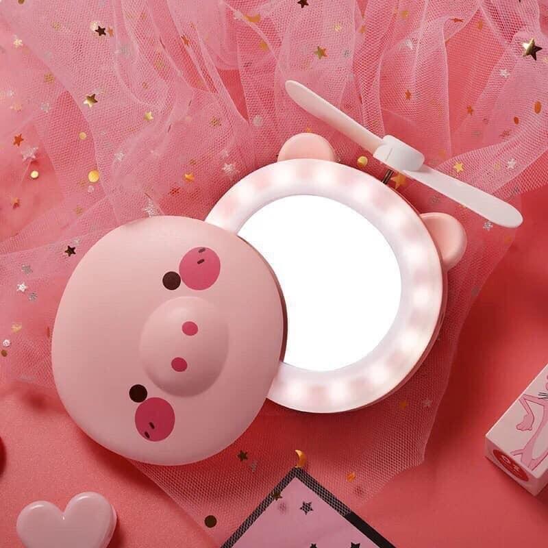 Quạt mini cầm tay - Quạt Hình Heo có gương và đèn led selfie, hình heo màu hồng siêu dễ thương