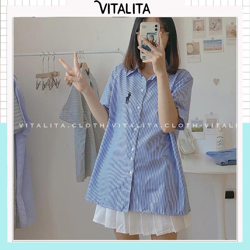 Áo sơmi nữ form rộng tay lỡ thêu ngựa - Màu kẻ đen và kẻ xanh phối đồ cực xinh