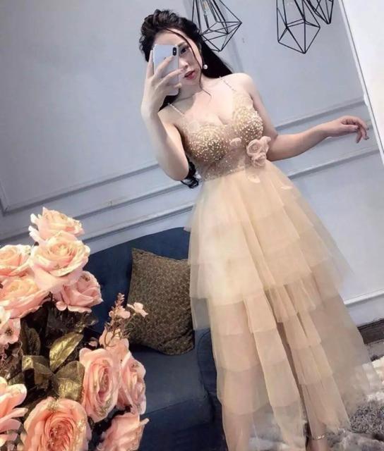 Đầm xoè xếp tầng 2 dây kết cườm hạt và hoa nổi SIÊU XINH -MS88YMM MM