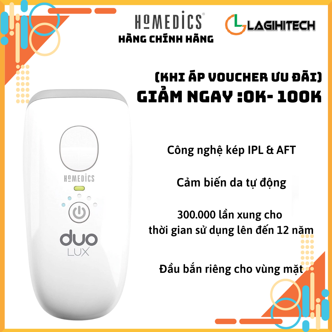 Máy triệt lông cá nhân USA HoMedics IPL-HH390 công nghệ kép IPL&AFT , cảm biến màu da tự động,nhập khẩu USA