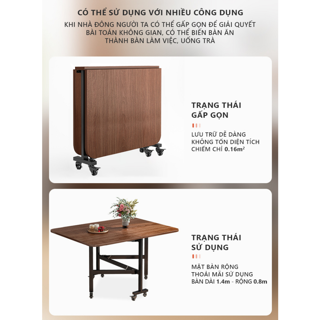 Bàn Ăn  Gấp Gọn Thông Minh Khung Sắt Có Bánh Xe Màu Óc Chó AM107