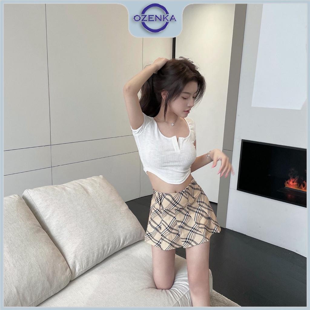 Áo croptop cổ vuông vạt bầu cài khuy nữ ozenka , áo crt kiểu cổ rộng gợi cảm cotton đen trắng dưới 55 cân