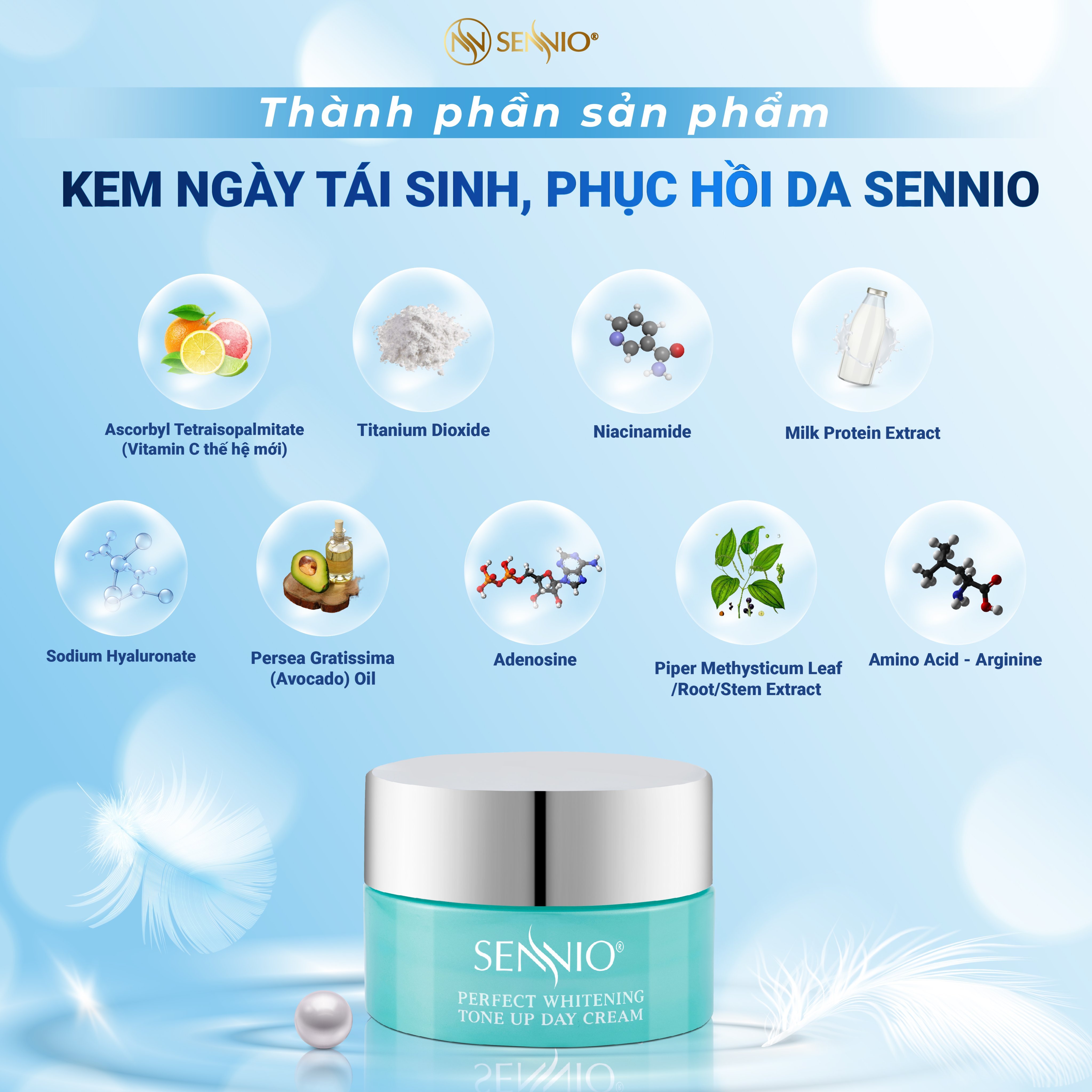 Kem dưỡng ẩm Sennio Perfect Whitening Day Cream dưỡng trắng da mặt ban ngày tái tạo và phục hồi da 30g SNO 829