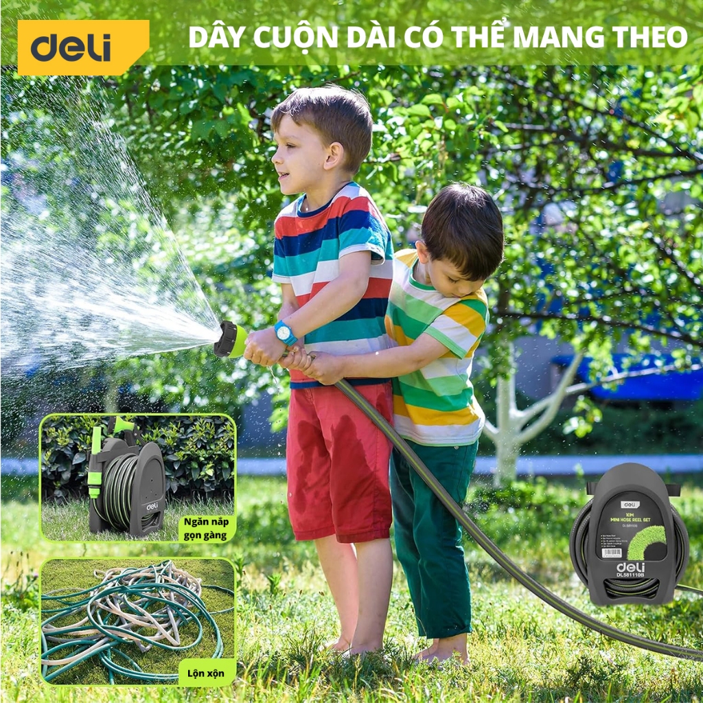 Bộ vòi nước tưới cây, rửa xe đa năng Deli dây dài 10m - Tặng kèm bộ phụ kiện đầu nối đa năng