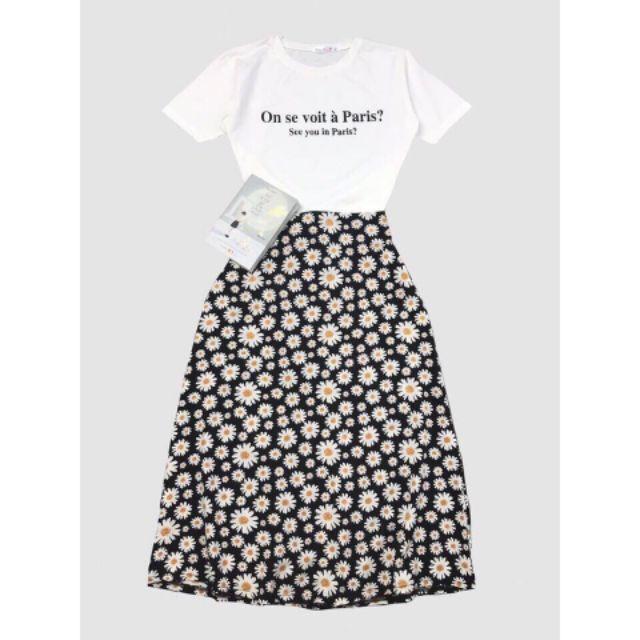 Set áo cotton với chân váy hoa cúc