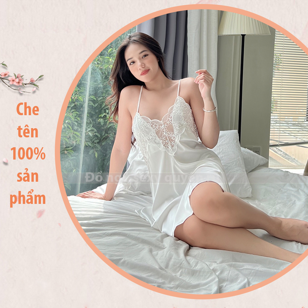 Váy ngủ lụa hai dây chéo lưng phối ren sexy gợi cảm P30 - Đầm ngủ lụa phối ren quyến rũ - Đồ ngủ nữ sexy