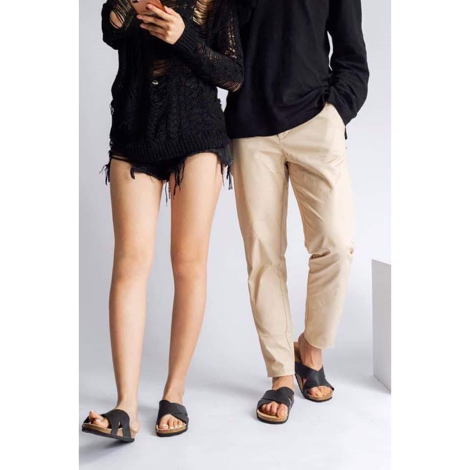 Dép unisex HuuCuong quai chéo da bò đen đế trấu