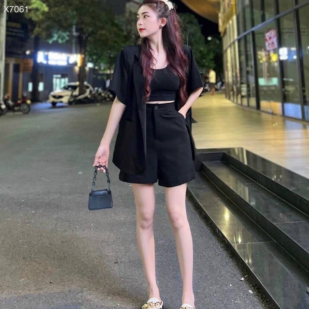 SET ÁO KHOÁC BLAZER TAY NGẮN MÀU TRƠN + QUẦN SHORT NGẮN ỐNG RỘNG LƯNG CAO DẠO PHỐ DỰ TIỆC GIÁNG SINH NOEL