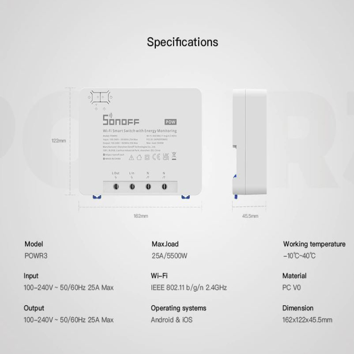 Công Tắc Thông Minh PowR3 Sonoff Công Suất Cao 25a / 5500w Điều Khiển Bằng Giọng Nói