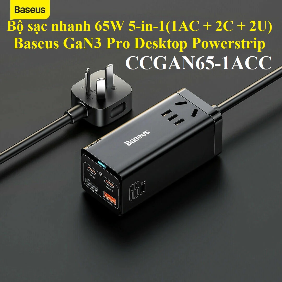 Củ sạc nhanh 65W kèm cáp Baseus GaN3 Pro DesktopPowerstrip PSZM000001_Hàng chính hãng