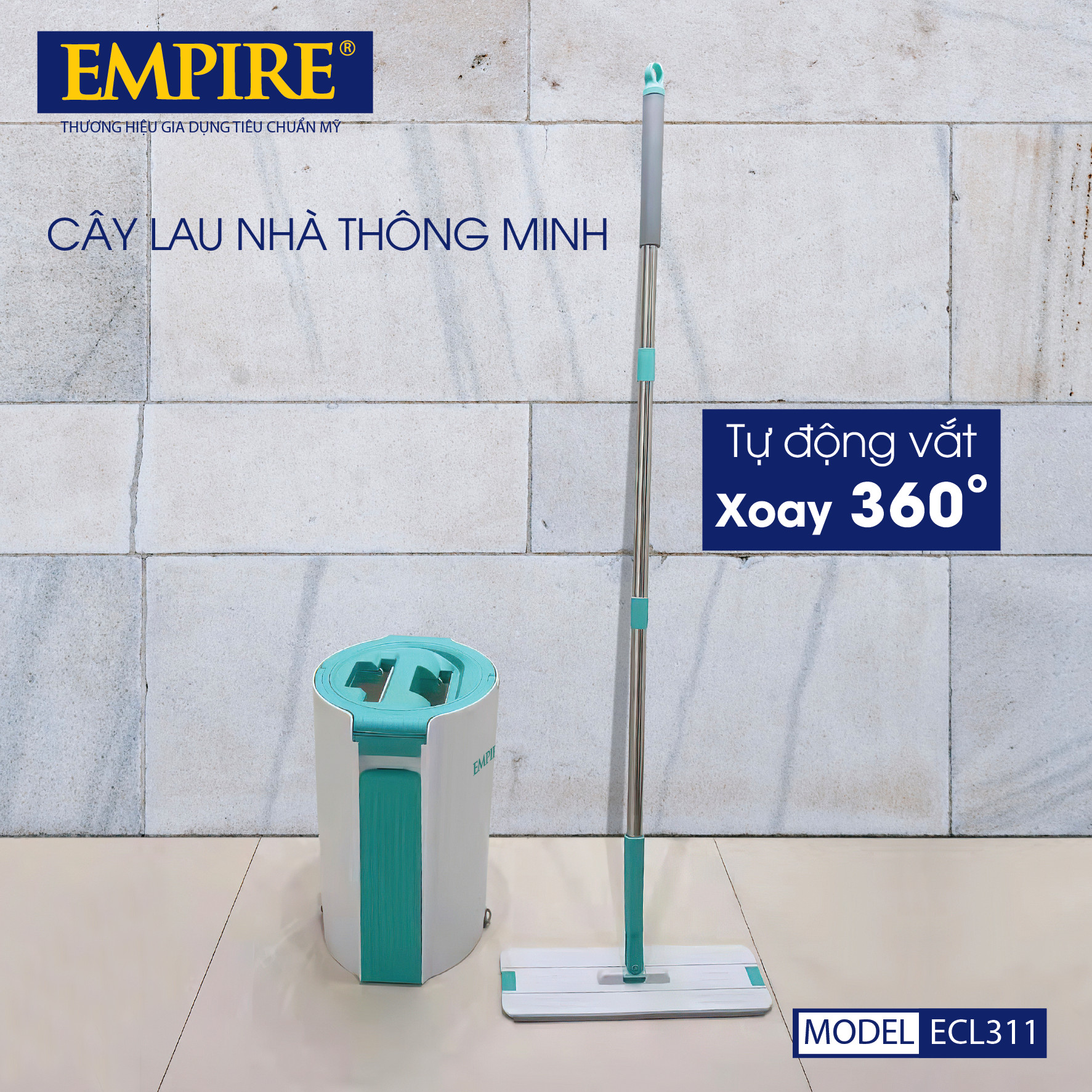 CÂY LAU NHÀ THÔNG MINH TỰ ĐỘNG VẮT, XOAY 360 ĐỘ EMPIRE 311 CAO CẤP. BỘ KÈM 02 BÔNG LAU, THÙNG LAU NHÀ, CÂY LAU NHÀ-Hàng chính hãng