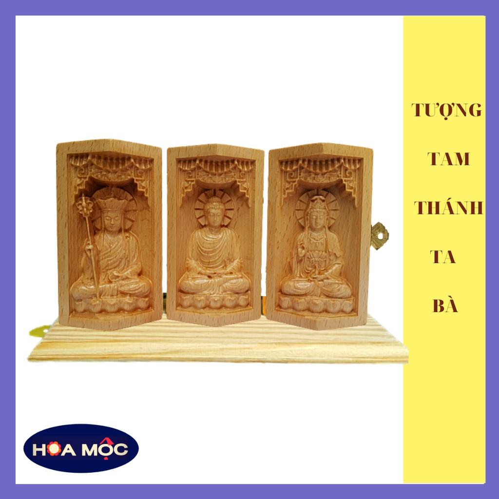 Tượng Gỗ Tam Thánh Sa Bà. Tượng Địa Tạng Vương Bồ Tát - Phật Thích Ca - Quan Âm Bồ Tát. Điêu Khắc Chất Liệu Gỗ