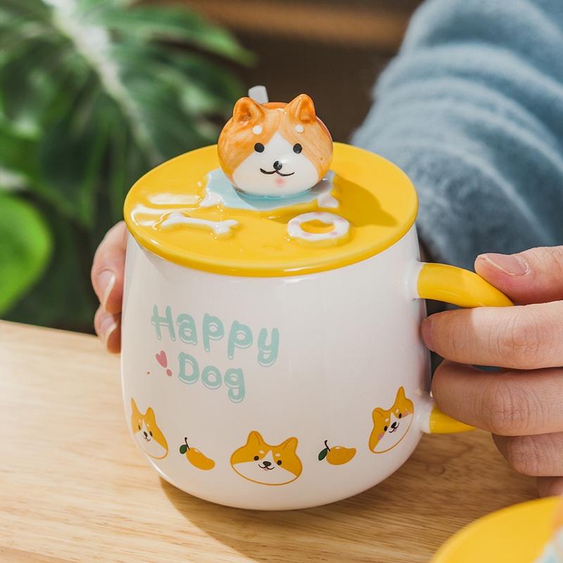 Cốc Gốm Sứ Vẽ Tay Chú Chó Corgi, Shiba Inu Cute Dễ Thương 400ml Có Nắp Và Thìa