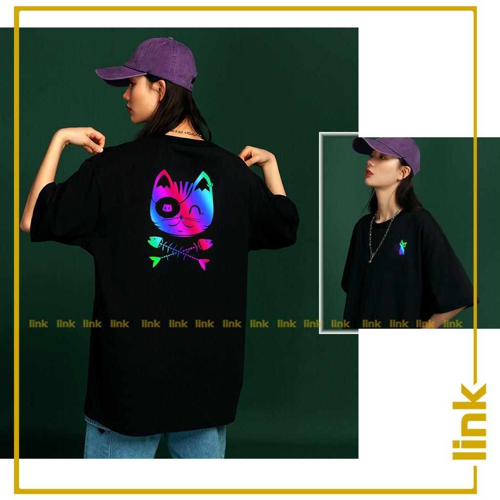 Áo thun unisex tay lỡ MÈO VÀ CÁ phản quang 7 màu