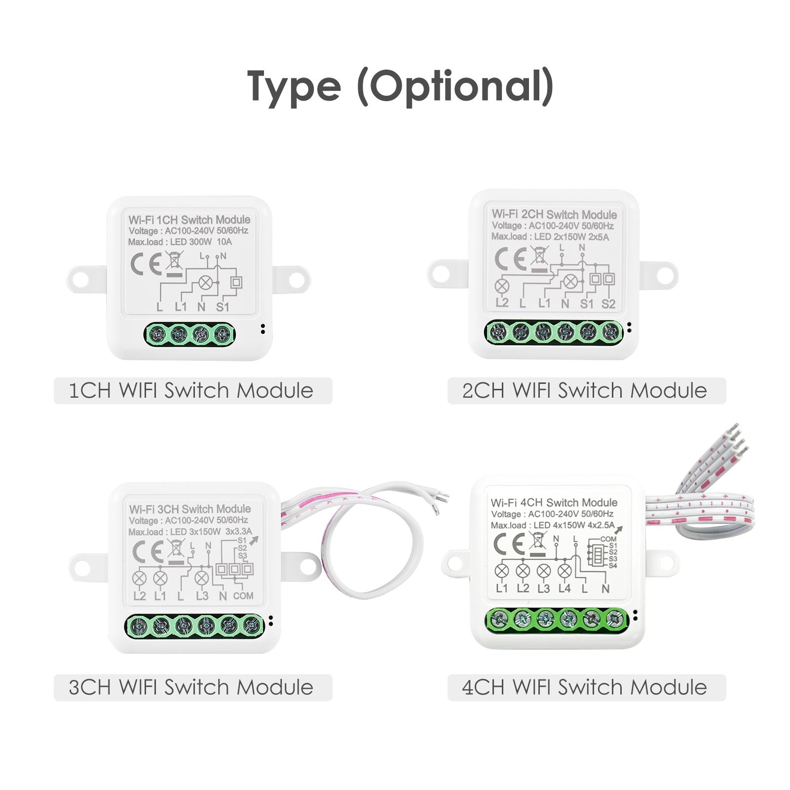 Mô-đun chuyển mạch WIFI 4CH Mô-đun thông minh mini có điều khiển bằng giọng nói Mobilephone APP Chức năng điều khiển thời gian Tương thích với Google Assistant Amazon Alexa LED 300W, 10A