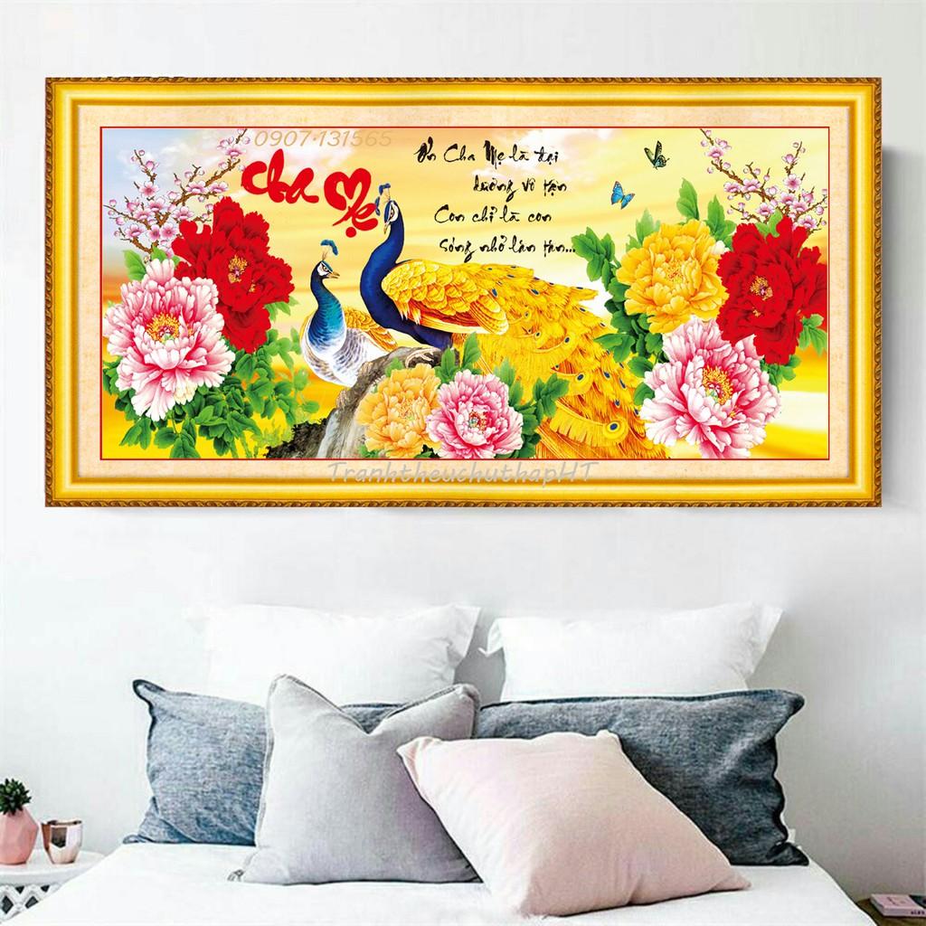 Tranh đá Cha mẹ 2 con công mẫu đơn - 100*50cm