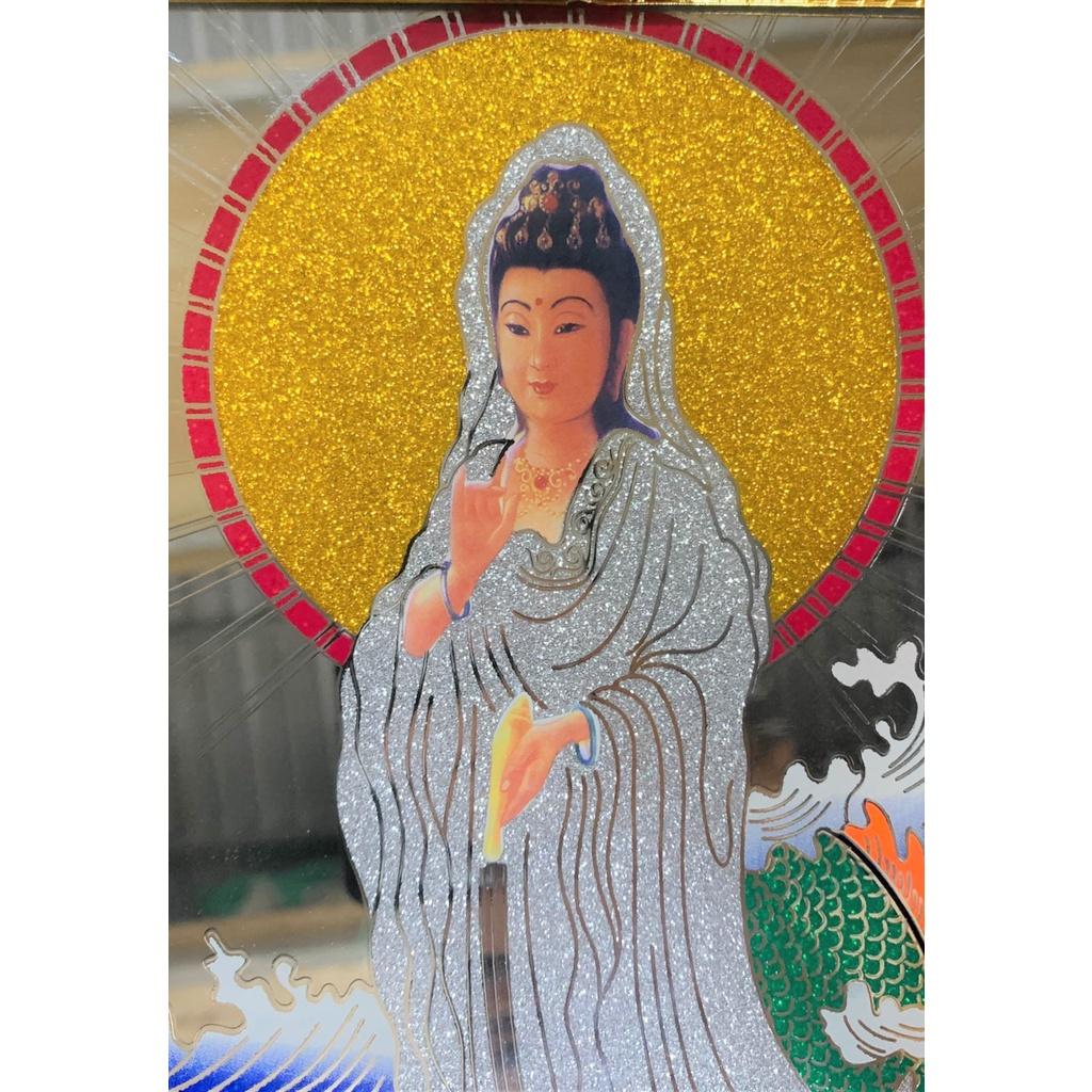 Tranh Kiếng Quan Âm Đứng Rồng - Nền Gương - Tranh kiếng chạm - Độ mệnh - Khung gỗ và nhựa xi các loại