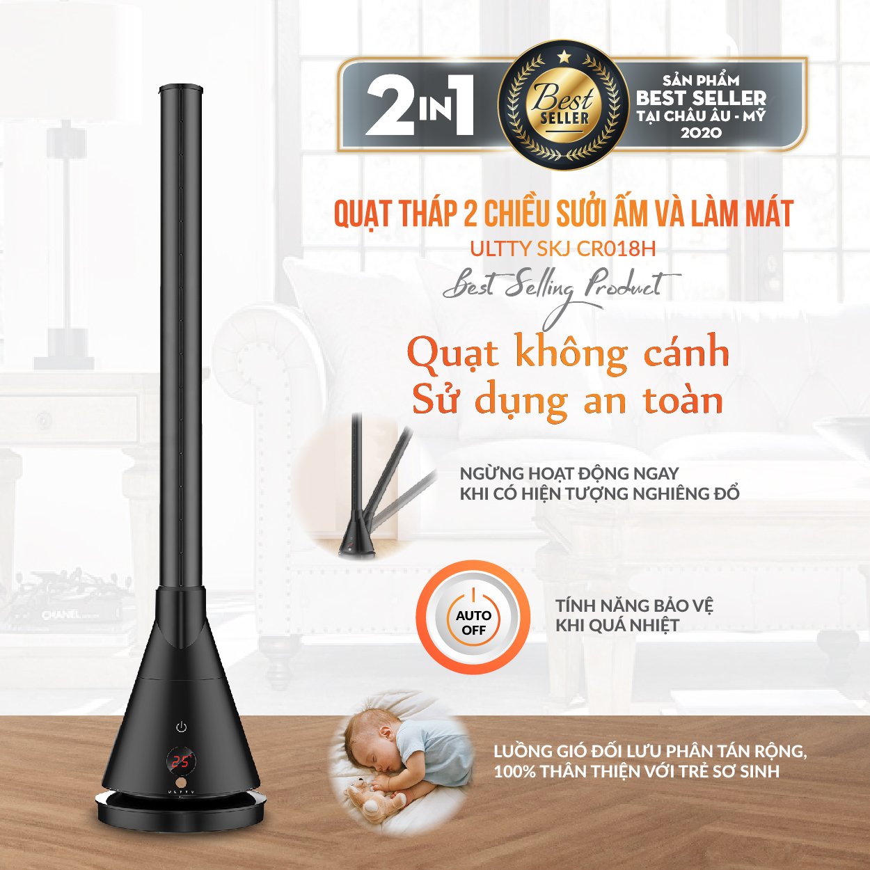 Quạt Làm Mát Và Sưởi Ấm ULTTY SKJ-CR018H, Chất Liệu Sưởi Gốm Ceramic Không Đốt Cháy Oxy, Không Khô Da, Tự Động Tắt Khi Quá Nhiệt - Màu Đen - Hàng Chính Hãng