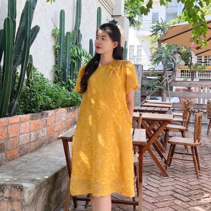 Đầm bầu tơ thêu nổi phom suông cách điệu đính nơ xinh xắn đi chơi, dự tiệc Nữ Women - Hồng