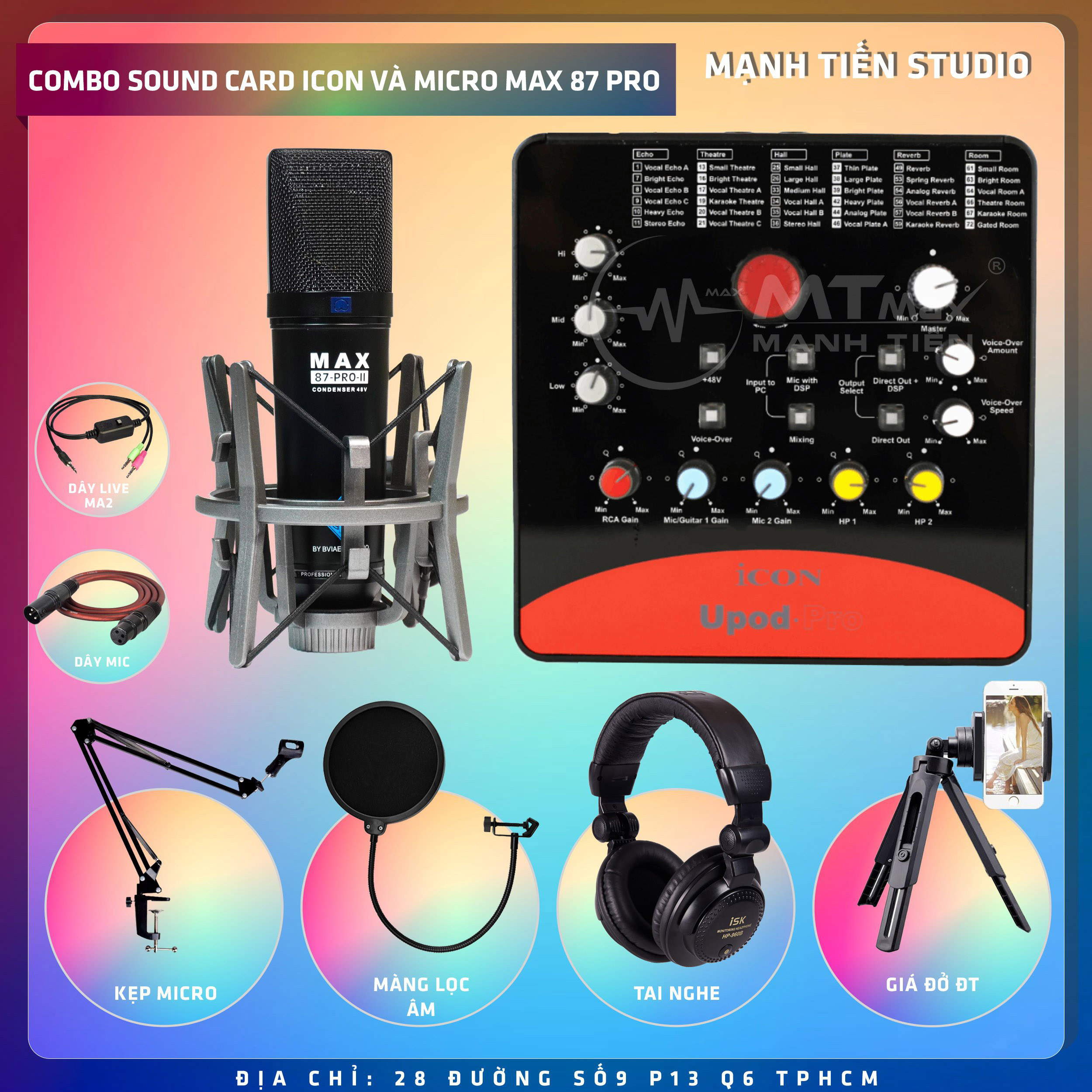 Combo thu âm, livestream Micro Max 87-Pro-II 2022, Sound card Icon Upod Pro - Kèm full phụ kiện kẹp micro, màng lọc, tai nghe, giá đỡ ĐT, dây canon, dây ma2 - Hỗ trợ thu âm, karaoke online chuyên nghiệp - Hàng nhập khẩu