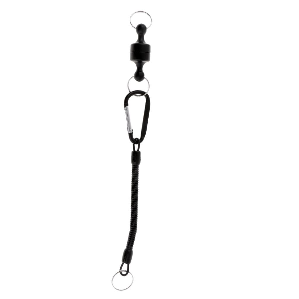 Steel Wire Fishing Coiled Lanyard w/ Magnetic Net Release & Buckle Black