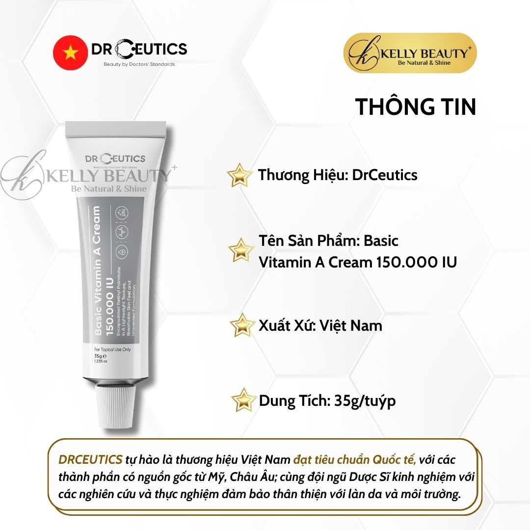 Kem Dưỡng Basic Vitamin A Cream 150.000 IU DrCeutics - Mờ Nếp Nhăn, Căng Mịn; Sáng Da, Mờ Thâm Nám | Kelly Beauty