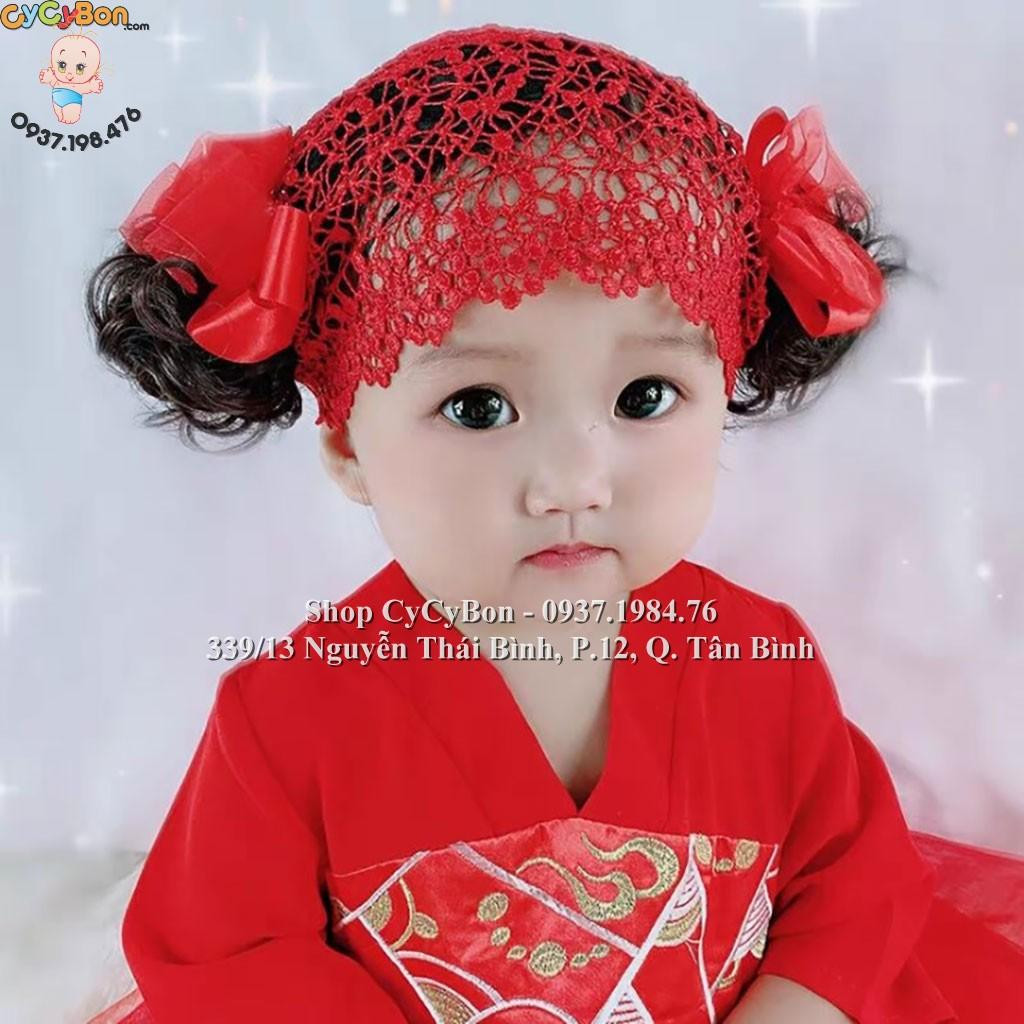Băng Đô Tóc Giả Ren Nơ Đỏ - Bao Xinh Cho Bé Gái