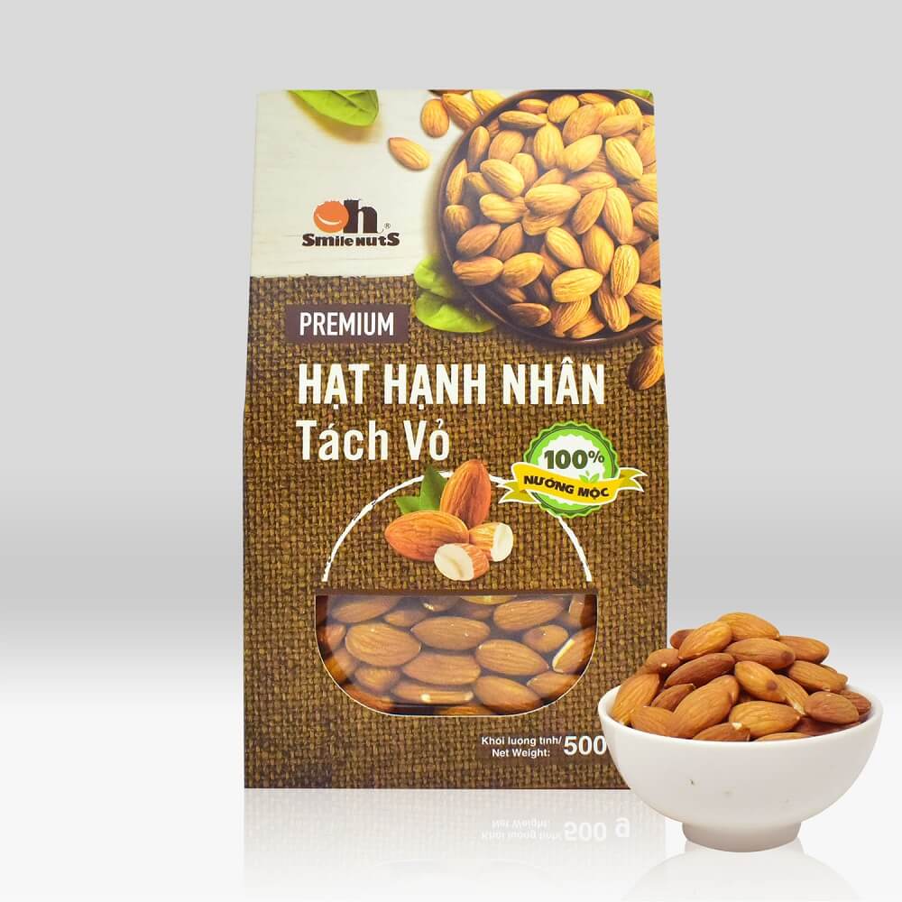 Hạt Hạnh Nhân Tách Vỏ Nướng Mộc Smile Nuts Hộp Giấy 500g - Hạnh nhân nhập khẩu từ Mỹ, nướng mộc giòn rụm, thơm ngon