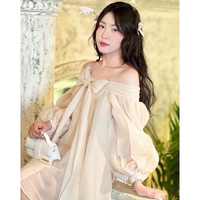 Đầm tiểu thư,Đầm babydoll, áo tay bồng siêu bánh bèo có nơ trước ngực Trendy Clothing
