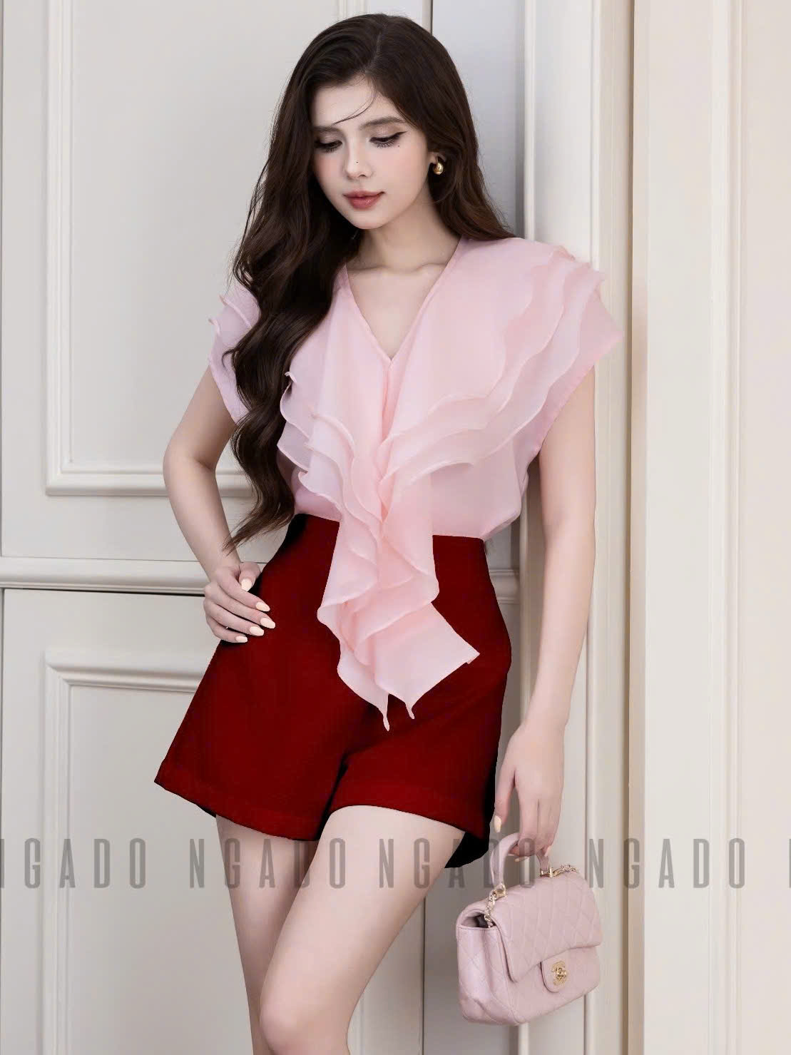 Set áo hồng quần short đỏ NGADO , set áo quần ngắn , set áo quần Nữ , set dạo phố