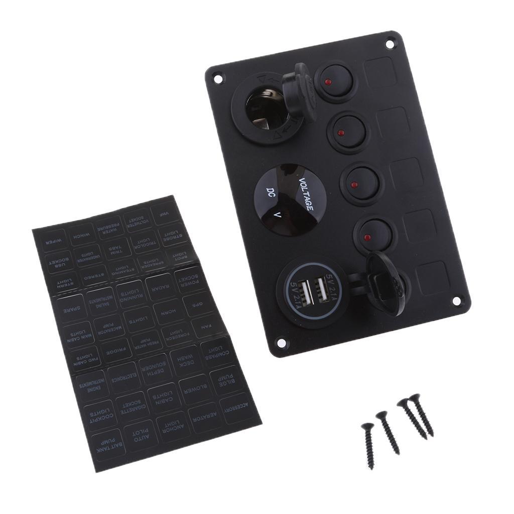 12-24V Dual USB Port Charger Voltmeter 5 Gang Toggle Switch Panel Red LED