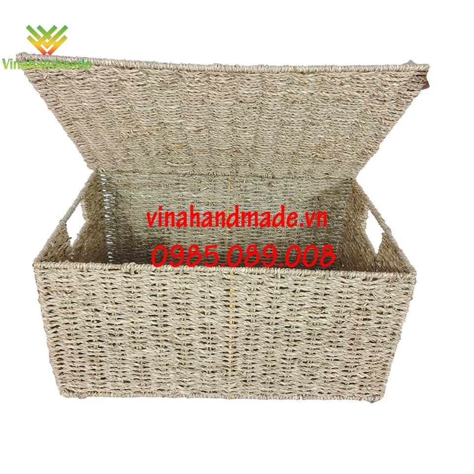 Bộ 3 giỏ cói khung sắt đựng đồ chữ nhật đan trơn VINAHANDMADE 31VNHM001