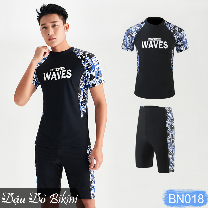 Bộ Đồ Bơi Nam Cao Cấp, Mẫu Áo Cộc Tay Quần Sooc Đùi Ôm, Có Size To Đại, Chất Thun Bơi Lạnh Dày Dặn Bn018 - Họa Tiết Xanh - 5Xl