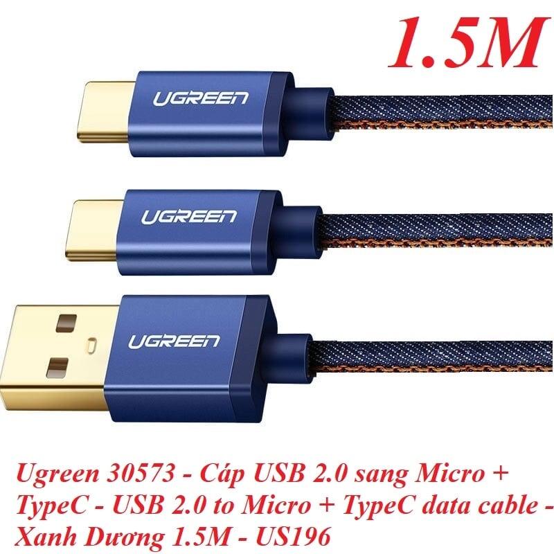 Ugreen UG30573US196TK 1.5m màu xanh Cáp dữ liệu USB 2trong1 micro + Type-C truyền dữ liệu từ máy tính ra điện thoại - HÀNG CHÍNH HÃNG